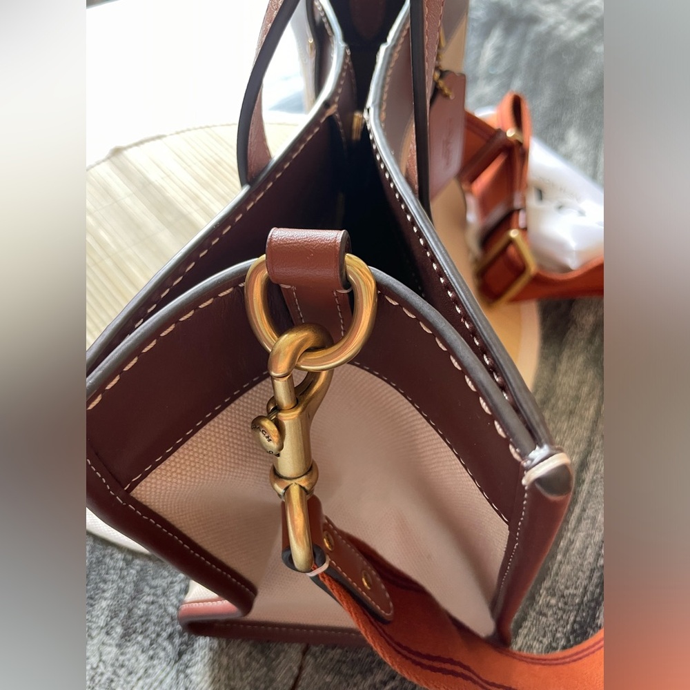 Coach Leatherware Two-Tone Canvas Tote in Beige and Brown with Orange Strap - Picture 8 of 8